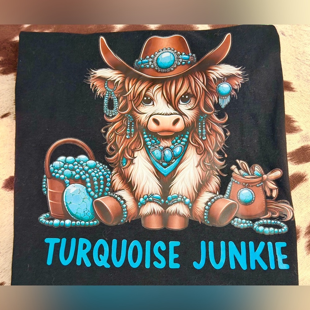 Gildan Black Tee with Turquoise and Brown Cow Design